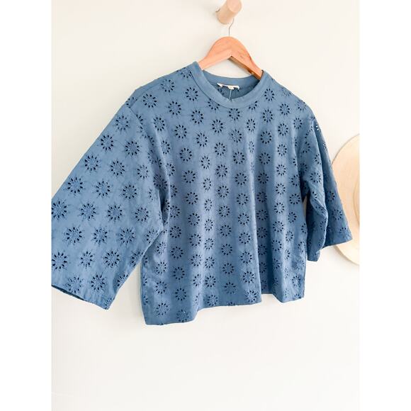 Madewell | NWT Embroidered Wide-Sleeve Boxy Tee in Sunfaded Blue | Sz XS - Picture 3 of 8